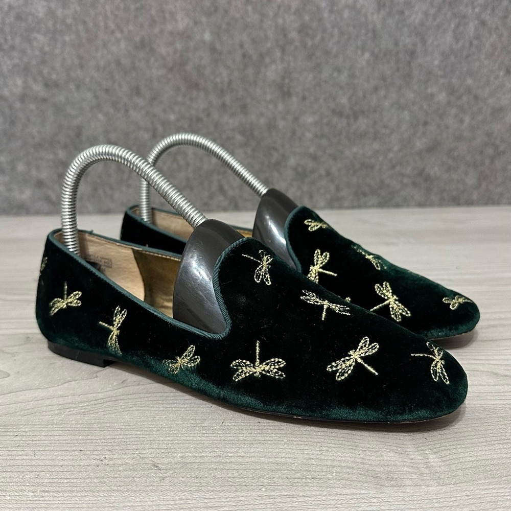 Ann Taylor Green Velvet Dragonfly Embroidered 6.5 Loafers Gold Flat Shoes